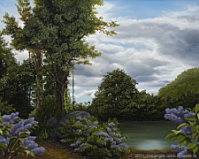 Landscape oil painting entitled 'Lilac Pond' by John O'Keefe